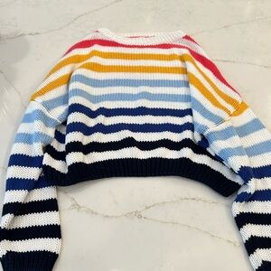 Colorful thicker sweater, super comfy, shorter cut
